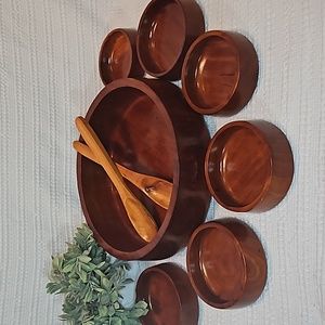 Vintage  9 Pc. Wooden Salad Bowl Serving Set - 1 Large / 6 Individual 2utensils